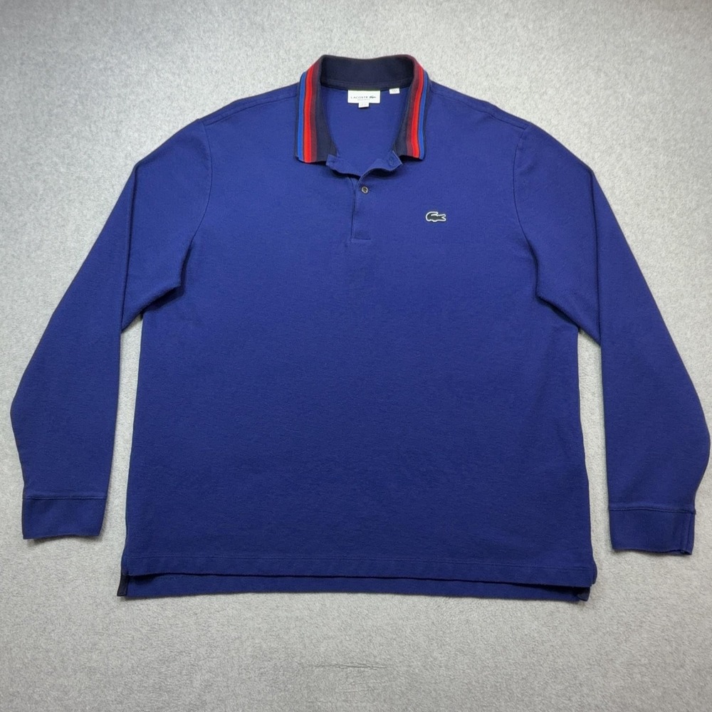 Lacoste Polo Shirt Men 3XL Blue Holiday Long Sleeve Slubbed Pique Striped Collar